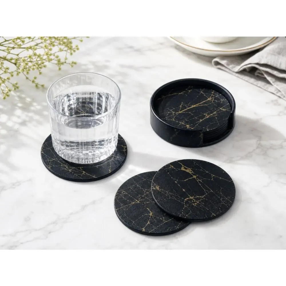 5Black Gold Marble PU Coasters with Holder, Waterproof Heat Resistant for Coffee